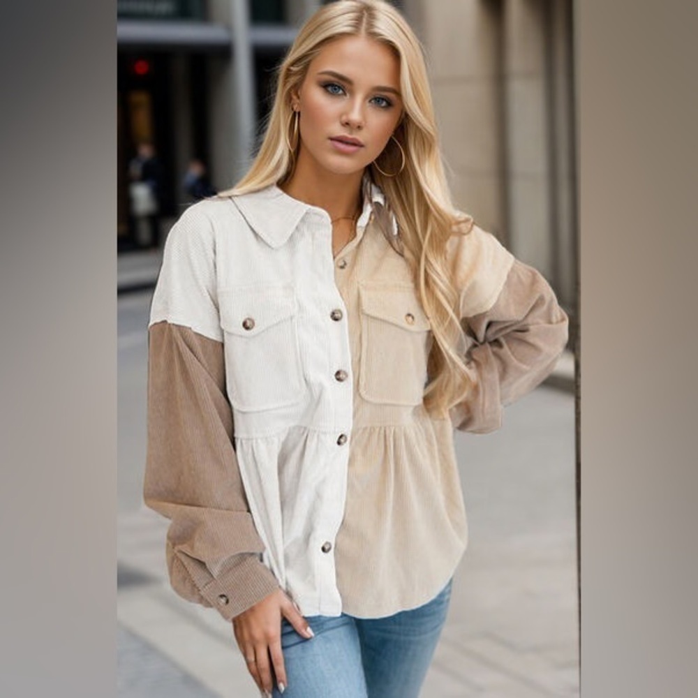 Cream and Tan Peplum Button Down Shirt - Picture 1 of 13
